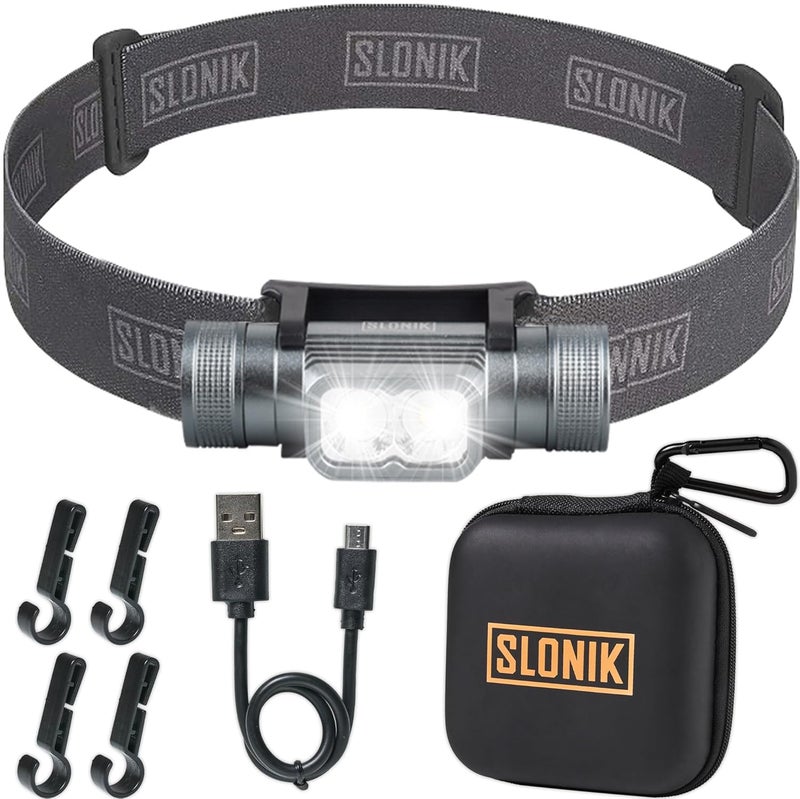 SLONIK Rechargeable Headlamp for Adults - 1000 Lumens Super Bright 60 ft Beam LED Flashlight - Lightweight, Heavy-Duty, IPX4 Waterproof Hard Hat Light - Camping Gear, Running Headlight, Gray - Image 1